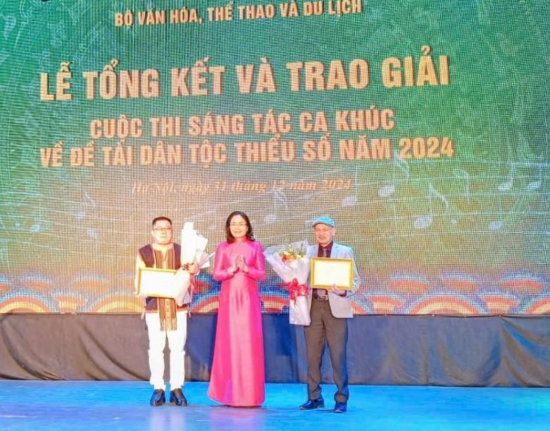 Thứ trưởng Bộ VH-TT&DL Trịnh Thị Thủy trao Giải Nhất cho các tác giả.