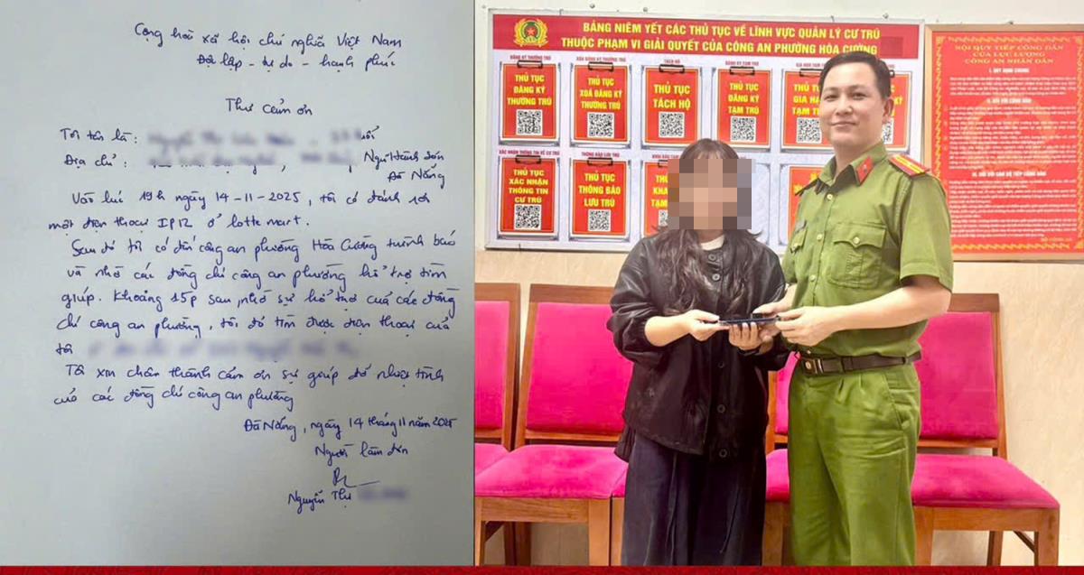 Chị H. nhận lại tài sản và lá thư cảm ơn của chị gửi đến Công an phường Hòa Cường.