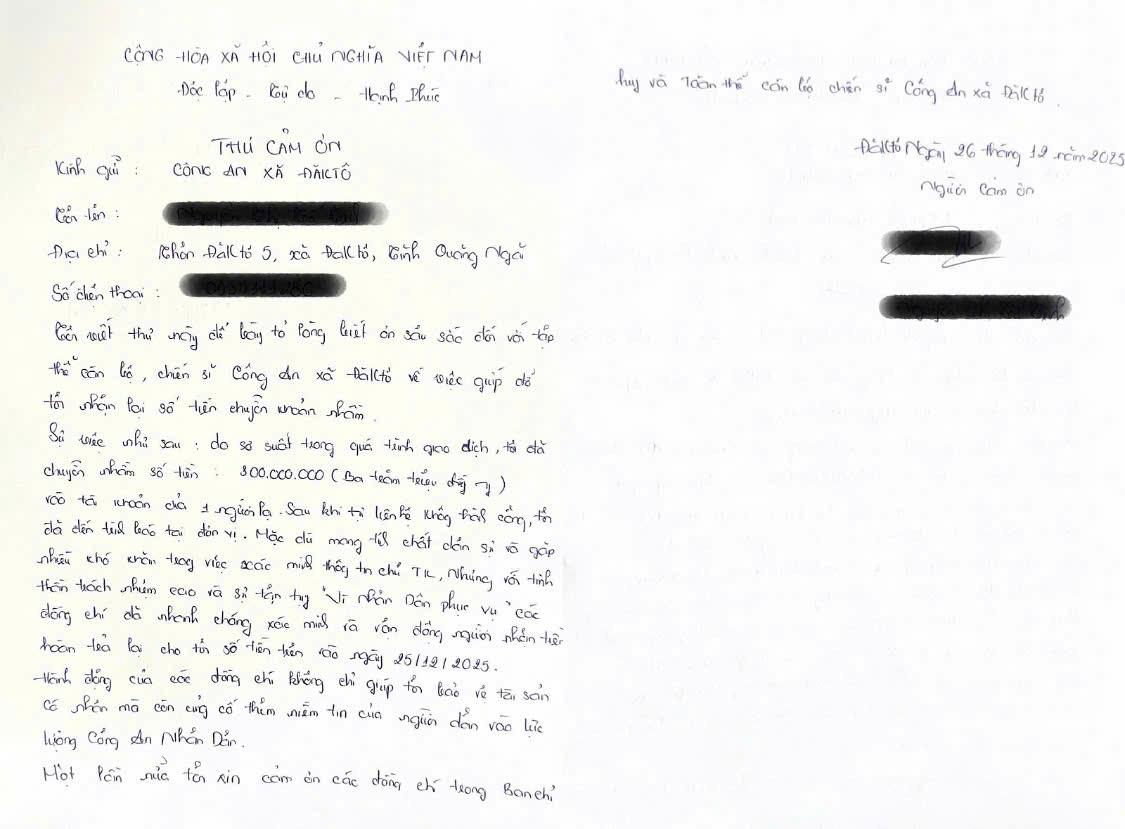 Chị T. vui mừng đã gửi thư cảm ơn đến lực lượng Công an