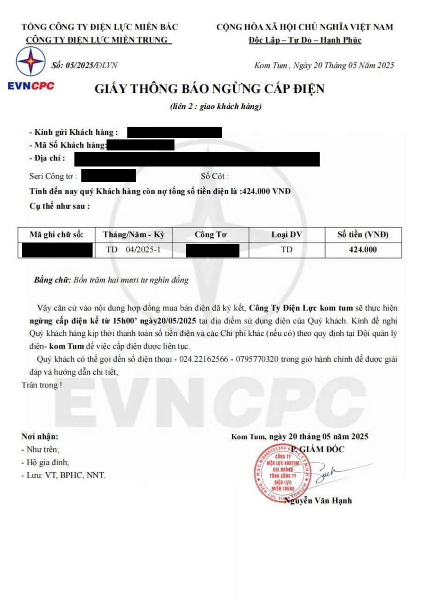 Văn bản giả mạo được gửi cho khách hàng dùng điện.