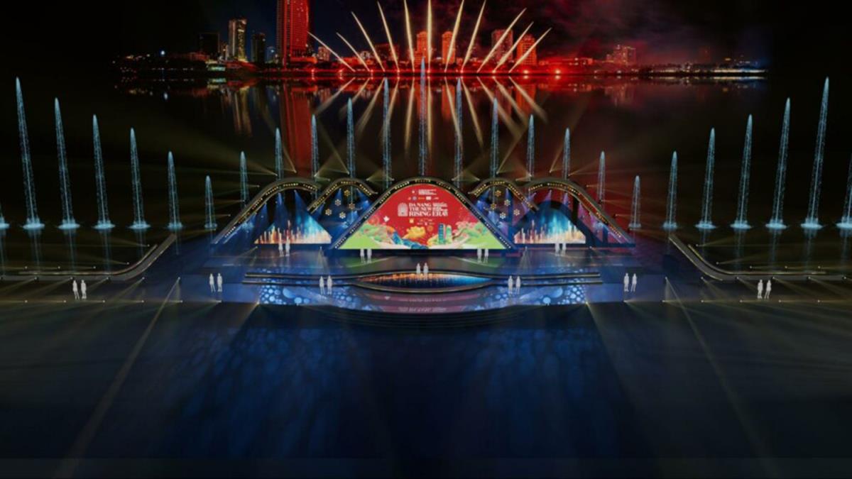 Hình ảnh đồ họa sân khấu DIFF 2025 lấy cảm hứng từ Ngũ Hành Sơn và những cánh sóng.