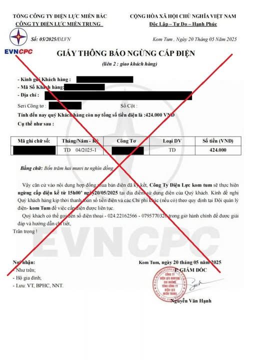Giấy thông báo ngừng cấp điện giả mạo.