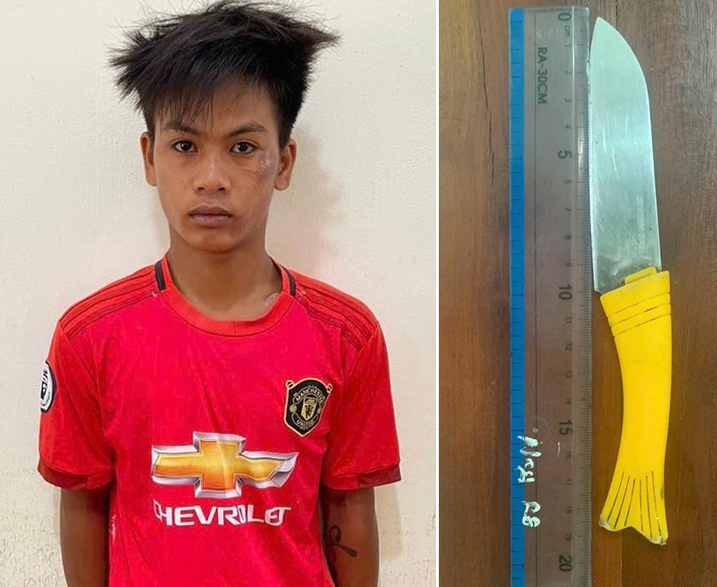 Đối tượng Ksor Trung bị bắt giữ và con dao - hung khí gây án.