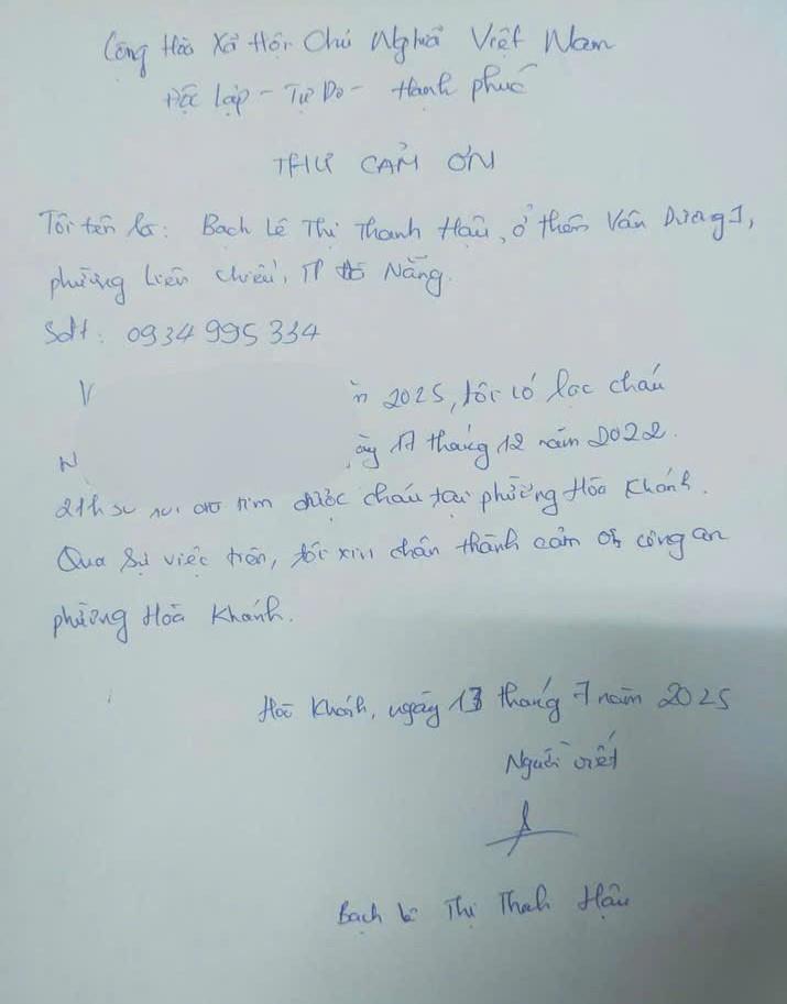 Người nhà cháu N.L.A.T gửi thư cảm ơn Công an phường