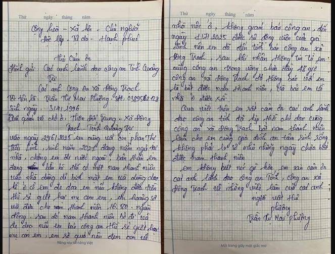 Chị Trần Thị Mai Phượng viết thử gửi Công an Quảng Trị.