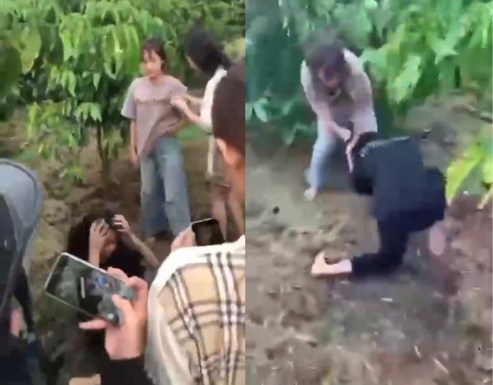 Hình ảnh nữ sinh T. bị nhóm nam, nữ thiếu niên đứng vây và hành hung.