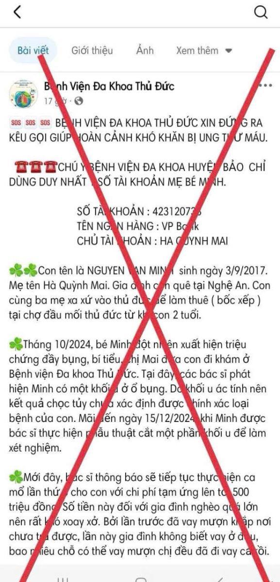 Facebook mang tên “Bệnh Viện Đa Khoa Thủ Đức” giả mạo để kêu gọi từ thiện.
