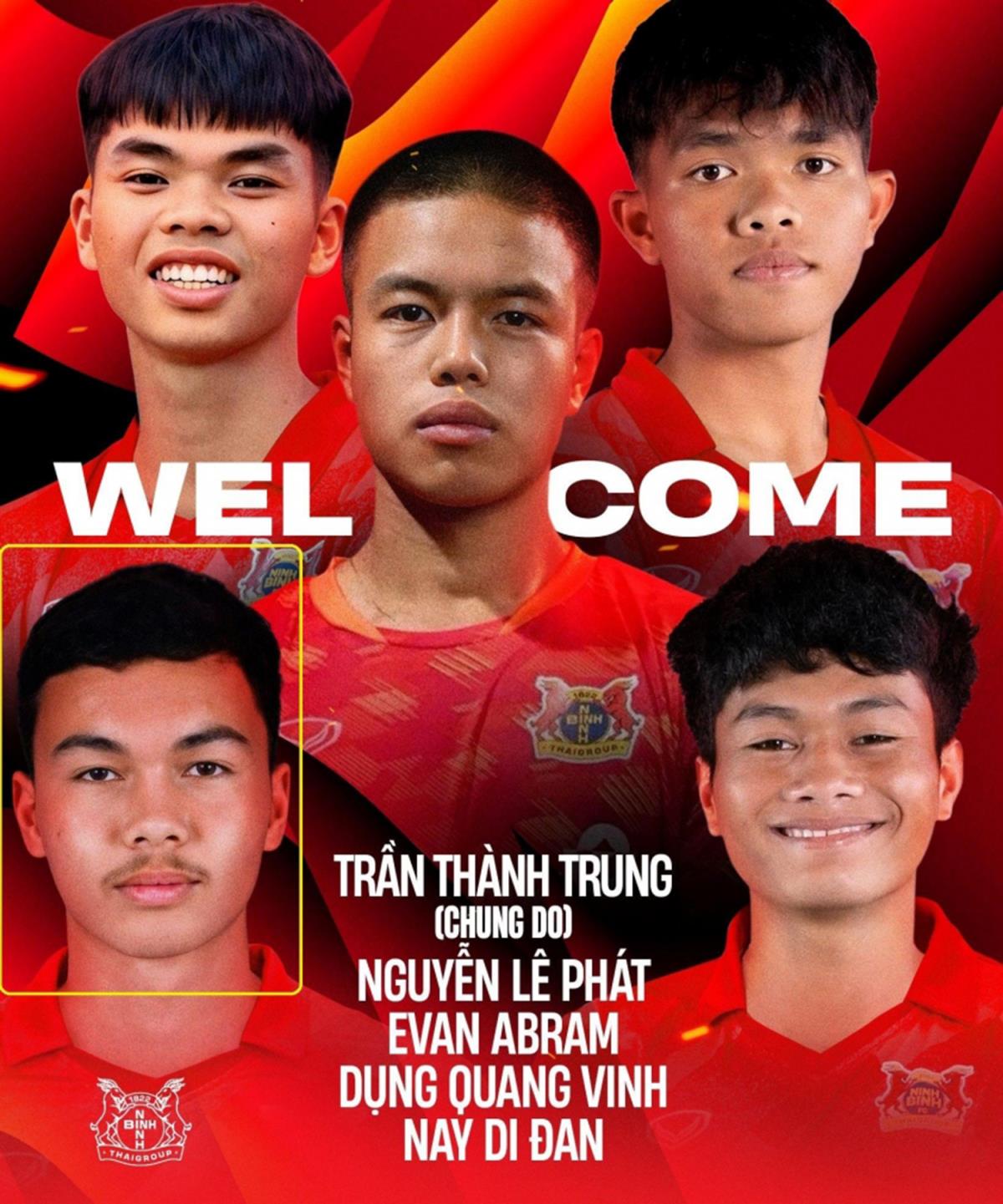 Evan Abran (góc trái, dưới) trong số 5 cầu thủ mới nhất Ninh Bình FC công bố.