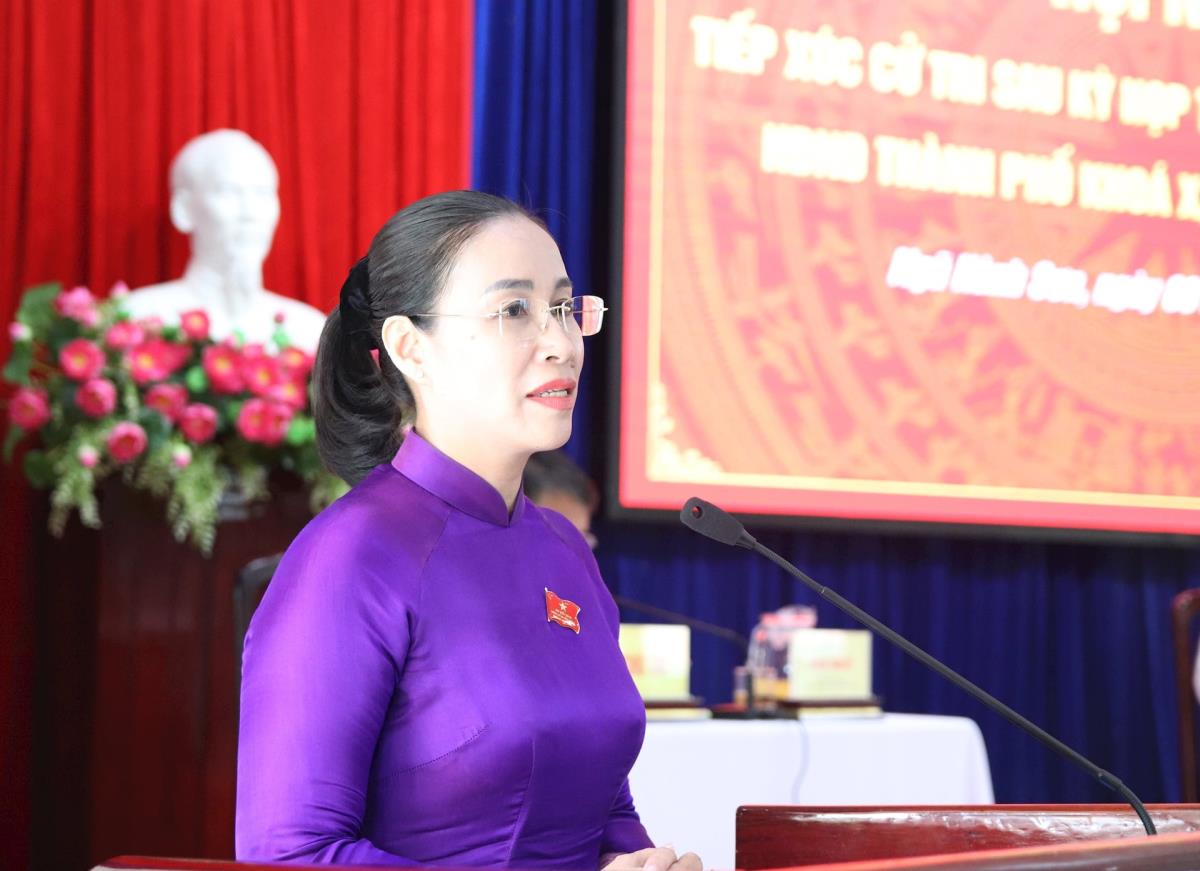 Phó Chủ tịch UBND thành phố Nguyễn Thị Anh Thi phát biểu tại buổi tiếp xúc.