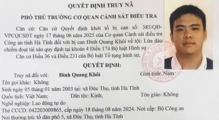 Quyết định truy nã đối với Đinh Quang Khôi.