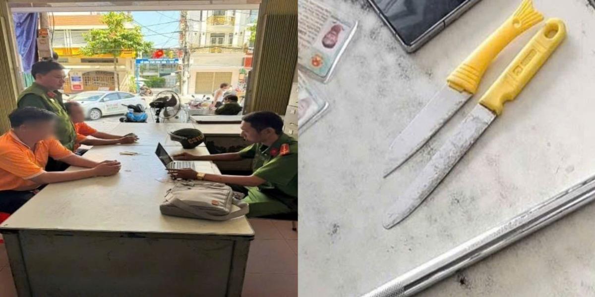 Cơ quan Công an làm việc với 2 tài xế taxi và thu giữ 2 con dao liên quan đến vụ việc.