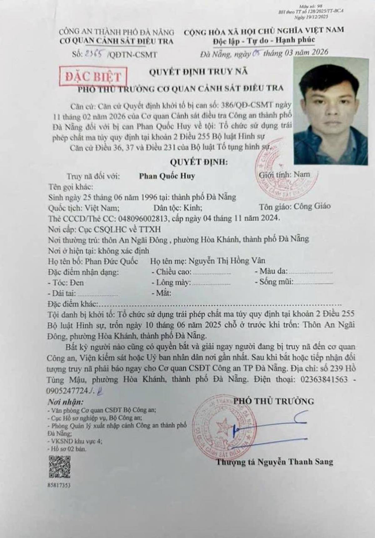 Cơ quan CSĐT Công an TP Đà Nẵng truy nã đặc biệt đối với Phan Quốc Huy và truy tìm đối với Trần Thị Minh Hiếu.