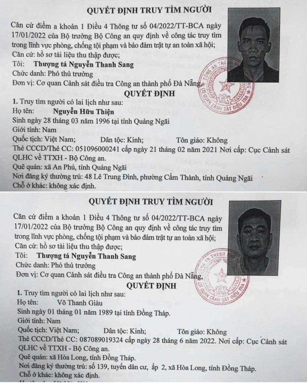 Cơ quan CSĐT Công an TP Đà Nẵng truy tìm 2 đối tượng: Giàu và Thiện.