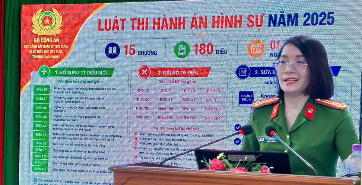Thượng tá Lê Thị Thu Huyền - Phó Giám thị Trại Tạm giam số 1 phát biểu tại hội nghị.