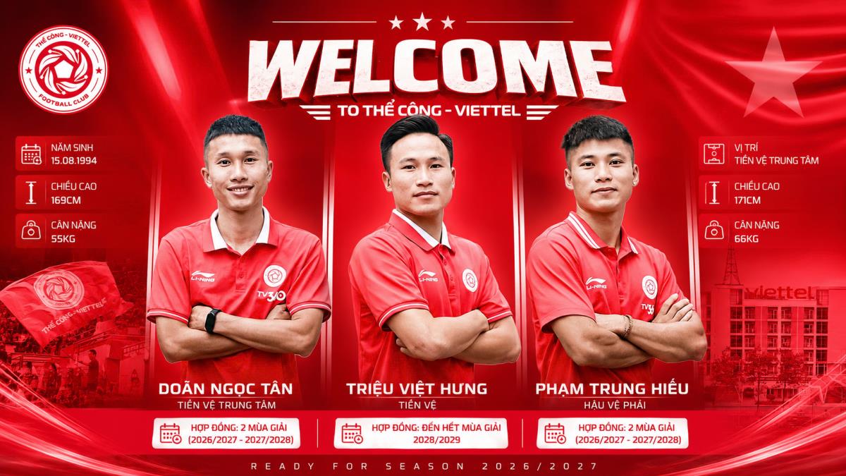 Trang chủ Thể Công Viettel công bố 3 tân binh.