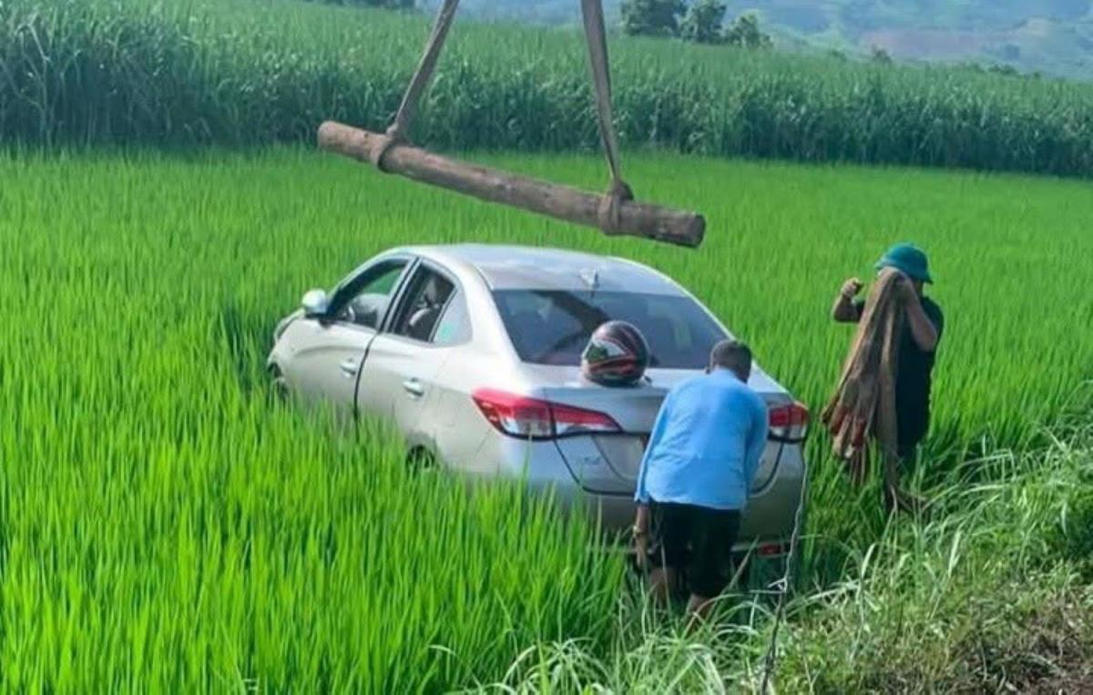 Chiếc ô-tô lao xuống ruộng bên đường.