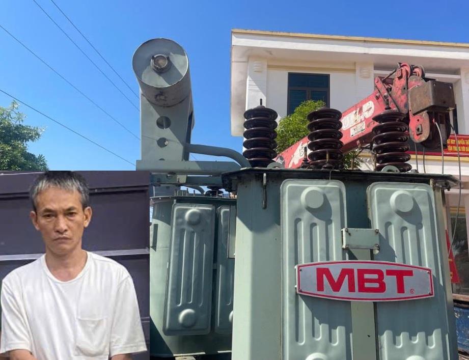Đối tượng Hương và chiếc máy biến áp tang vật vụ trộm.