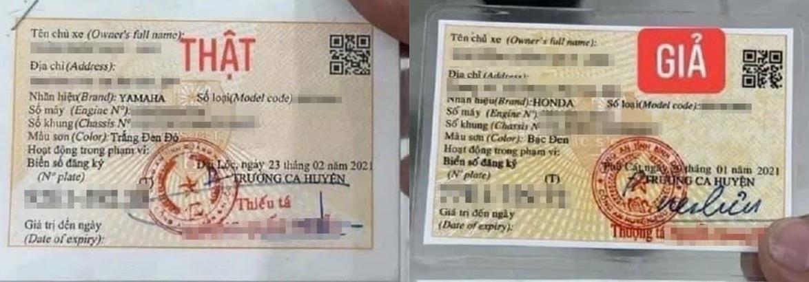 Cơ quan Công an chỉ dẫn dấu hiệu phân biệt giấy đăng ký xe thật và giả. Ảnh: CAQN