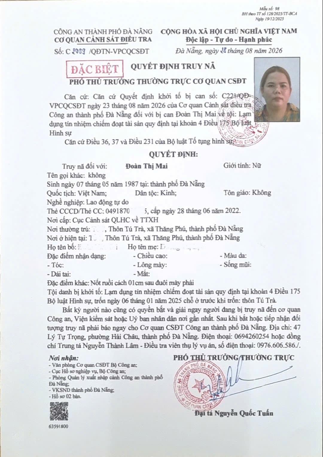 Quyết định truy nã đối với Đoàn Thị Mai.