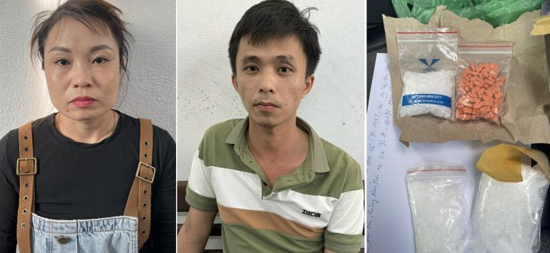 Hai đối tượng Khương Thị Thanh Trà và Phan Đức Vũ bị bắt giữ cùng số ma túy tang vật.