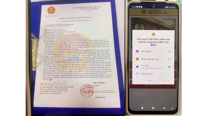 Lệnh tạm giữ hình sự giả mạo và ứng dụng phần mềm bảo mật có logo Bộ Công an có chứa mã độc được đối tượng sử dụng lừa đảo chiếm đoạt 5 tỷ đồng của chị H.