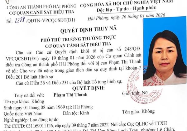 Truy nã người phụ nữ Hải Phòng chủ mưu cho vay lãi nặng hàng trăm tỉ đồng