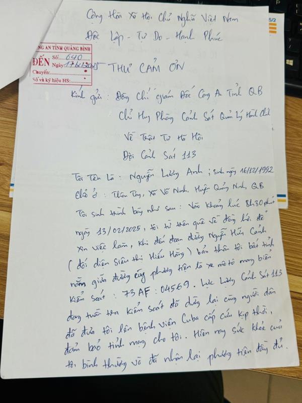 Cảm ơn Cảnh sát 113 giúp đỡ lúc gặp nạn