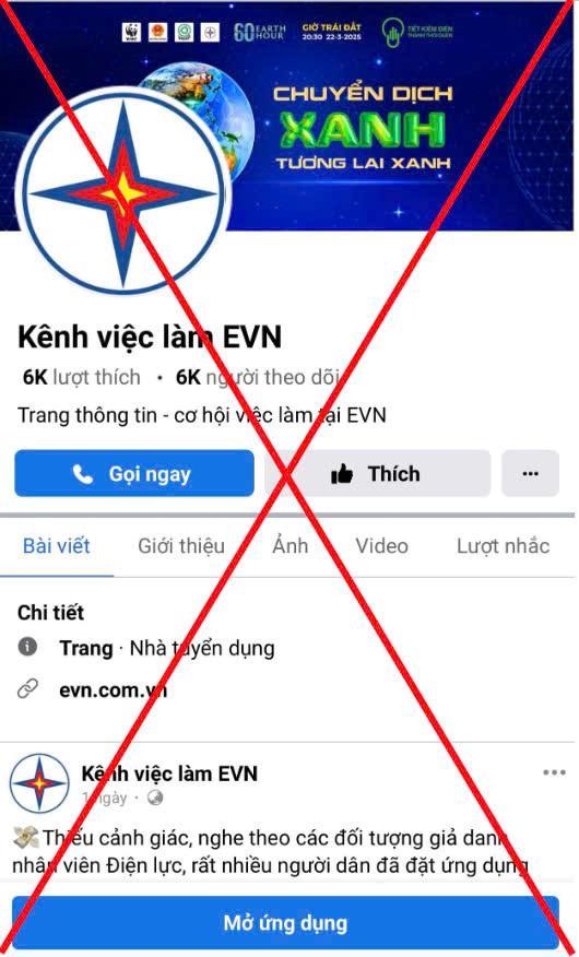 Cảnh báo trang Fanpage giả mạo thương hiệu EVN