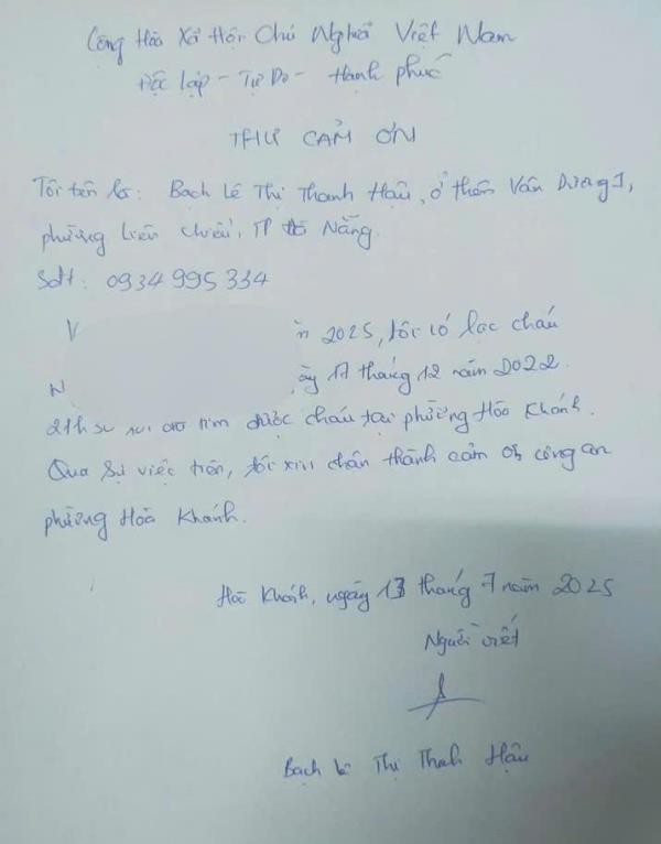 Người dân gửi thư cảm ơn Công an phường Hòa Khánh đã hỗ trợ tìm người thân bị thất lạc