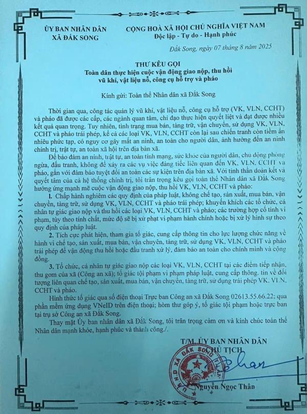 Lâm Đồng: Chủ tịch xã Đắk Song có thư kêu gọi người dân giao nộp vũ khí, vật liệu nổ
