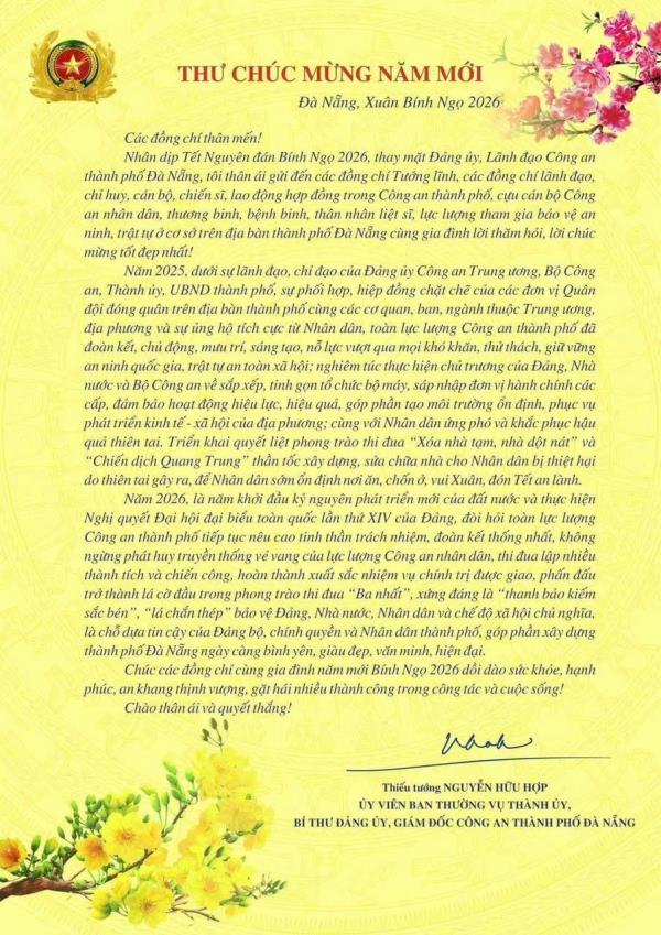 Thư chúc mừng năm mới của Giám đốc Công an TP Đà Nẵng