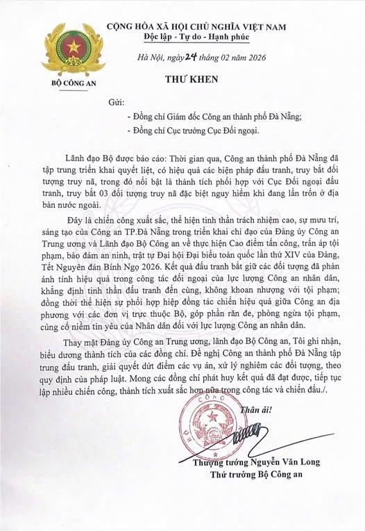 Lãnh đạo Bộ Công an gửi Thư khen Công an TP Đà Nẵng