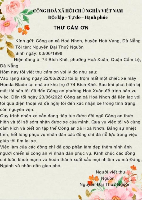 Người dân gửi thư cảm ơn Công an xã Hòa Nhơn