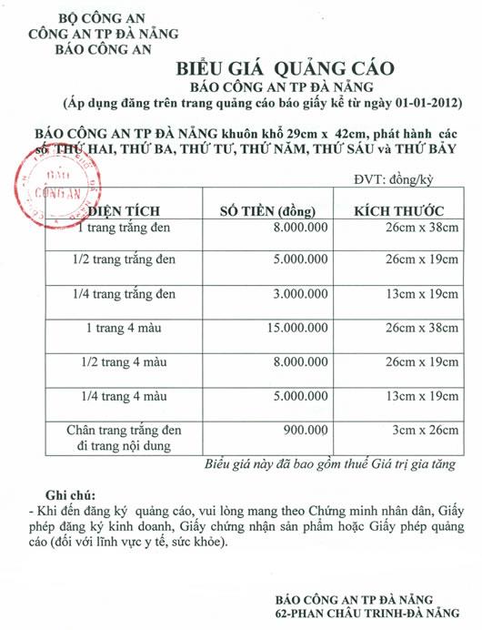 Bảng giá quảng cáo trên báo giấy Báo CA Đà Nẵng