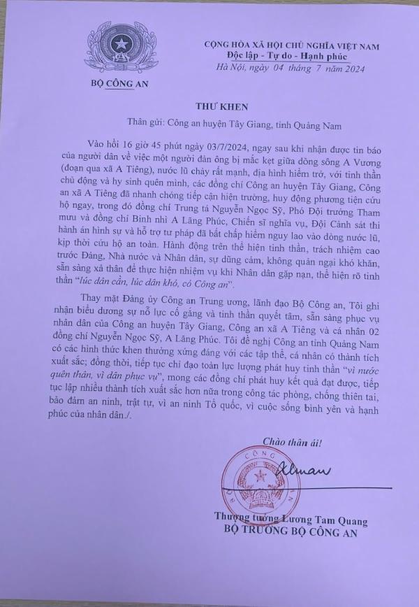 Bộ trưởng Bộ Công an gửi Thư khen Công an huyện Tây Giang, Quảng Nam