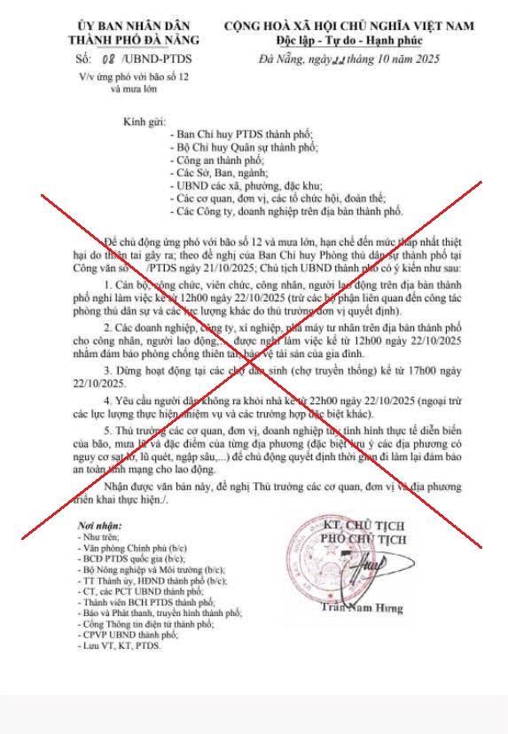 Không có chủ trương chỉ đạo nghỉ làm việc, dừng hoạt động chợ từ chiều 22-10 do bão số 12