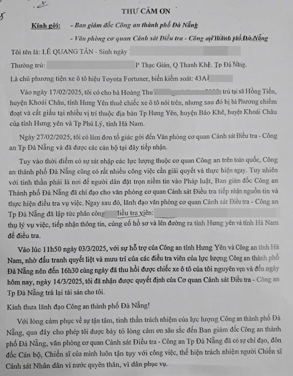 Công an TP Đà Nẵng truy vết xuyên tỉnh, thu hồi ô-tô bị chiếm đoạt