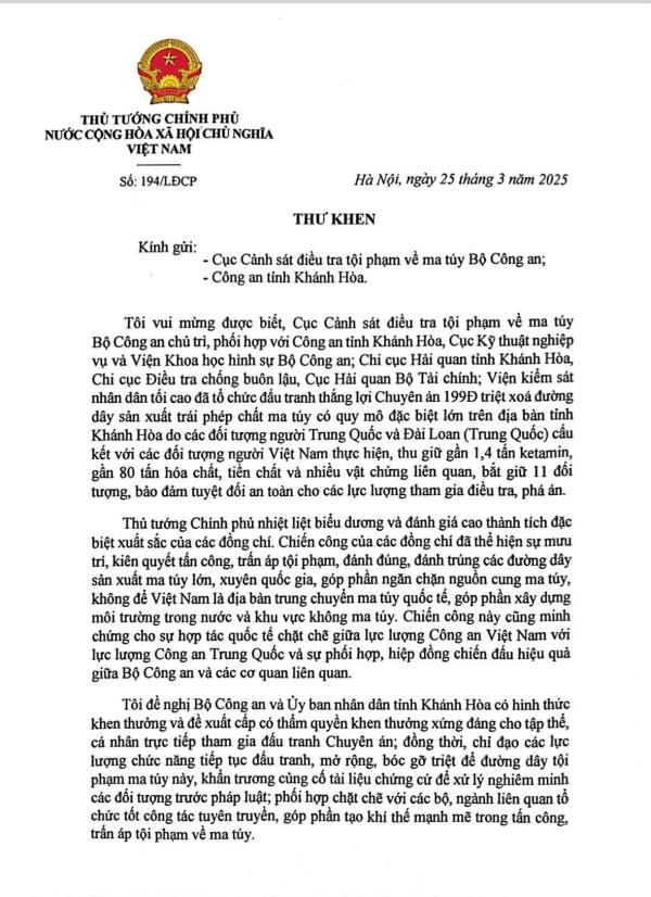 Thủ tướng gửi Thư khen Cục Cảnh sát ĐTTP về ma túy và Công an tỉnh Khánh Hòa