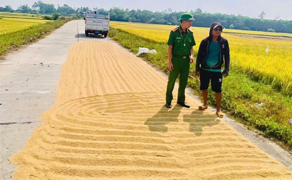 Công an xã cảnh bảo tai nạn giao thông do phơi lúa trên tuyến đường giao thông