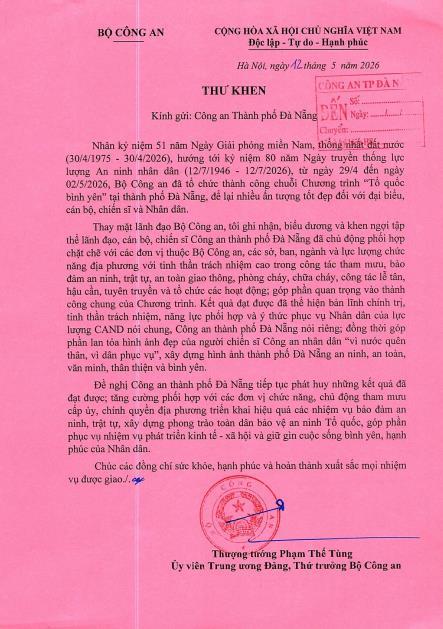 Lãnh đạo Bộ Công an gửi Thư khen Công an TP Đà Nẵng trong phối hợp tổ chức chương trình Tổ quốc bình yên
