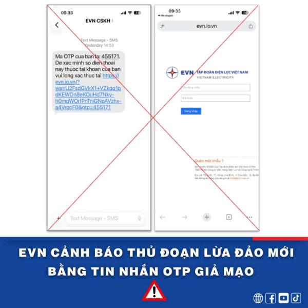 Cảnh giác trước thủ đoạn lừa đảo giả mạo mã OTP Tập đoàn điện lực Việt Nam